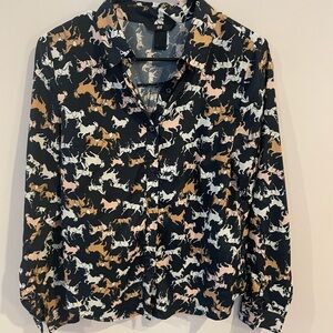 H&M Navy and Cream Equestrian Print Blouse